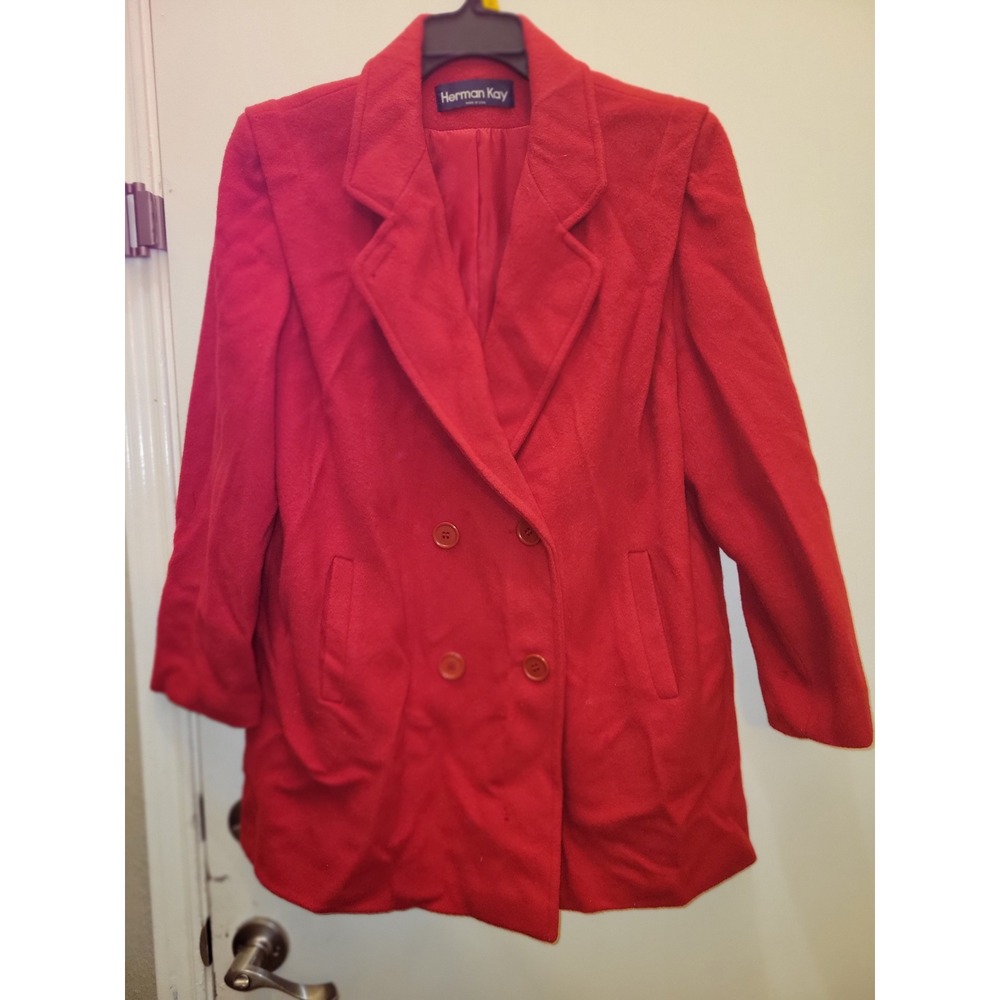 Herman Kay Red Wool Blend Double Breasted Pea Coat Made in USA‎ Size 14 4-01